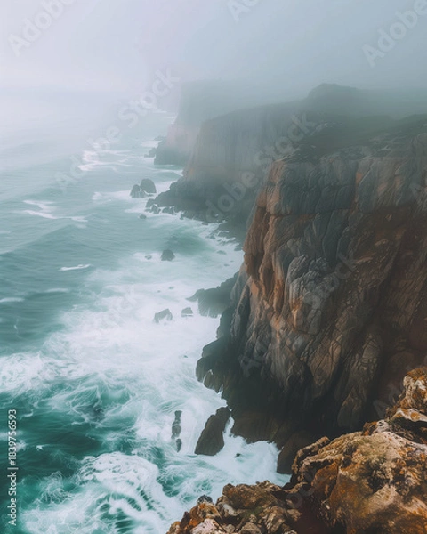 Fototapeta High cliffs above turquoise sea fade into heavy fog. A dramatic coastal landscape with waves crashing against rocks, captured in soft cold tones