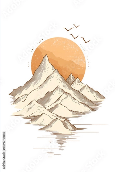 Fototapeta Minimalist mountain landscape illustration with a warm sun and soft reflection in water. Linear style, natural tones and a calm aesthetic for decor and design