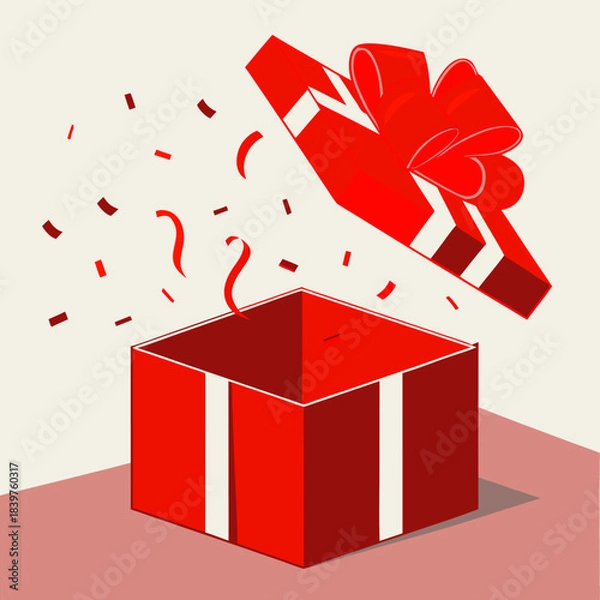 Fototapeta Red gift box with a shiny 3d bow and lid flying open