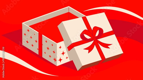 Fototapeta Open square gift box with a metallic red ribbon and bow