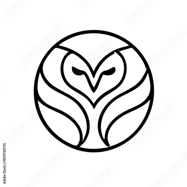 Fototapeta Circular monoline owl emblem, intertwined lines forming stylized face and wings