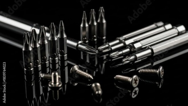 Fototapeta Precision Tools: Close-up of Screwdriver Bits and Screws on Black Surface.