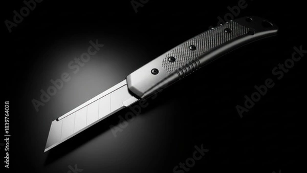 Fototapeta Precision: Silver Utility Knife with Retractable Blade on Black Background