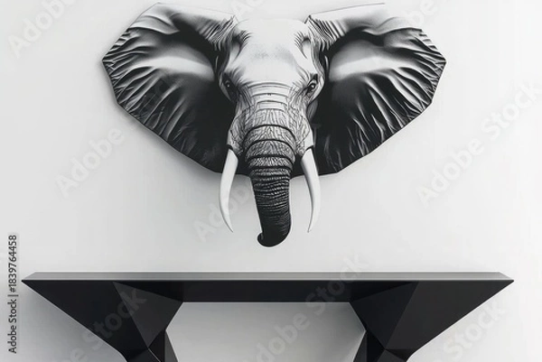 Fototapeta modern wall art of elephant head in black and grey symmetrical composition with console table on white background for interior decor