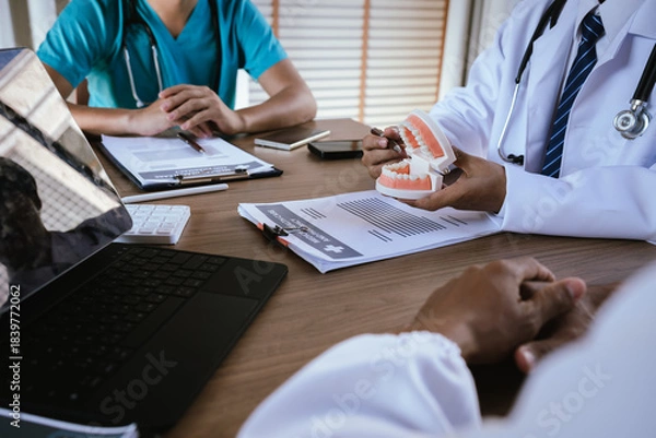 Fototapeta Dental professionals discussing treatment plans with a tooth model and medical documents during a meeting.