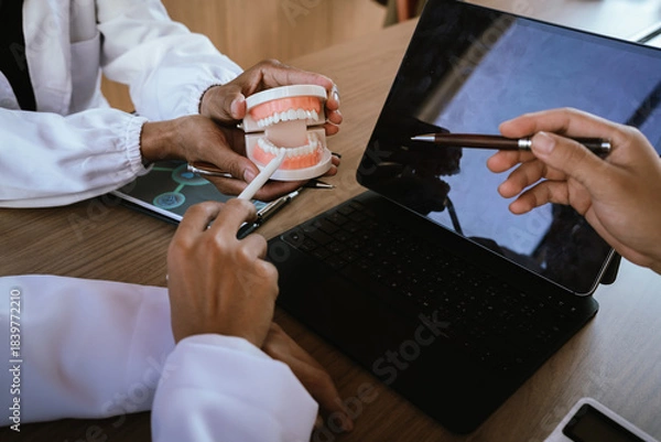 Fototapeta Dental professionals discussing treatment plans with a tooth model and medical documents during a meeting.