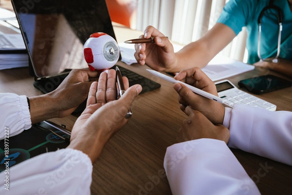 Fototapeta Doctor explaining eye anatomy using a detailed eyeball model during a medical consultation.