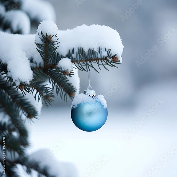Obraz Snowy evergreen serenity with festive blue ornament in tranquil winter forest holiday scene for peaceful seasonal celebration and nature inspired decoration