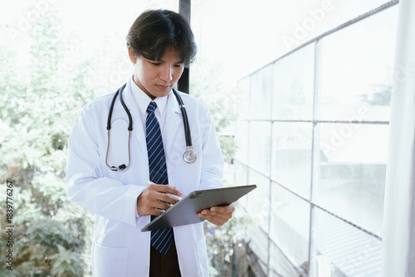 Fototapeta Doctor using a digital tablet to review medical information in a bright clinical environment.