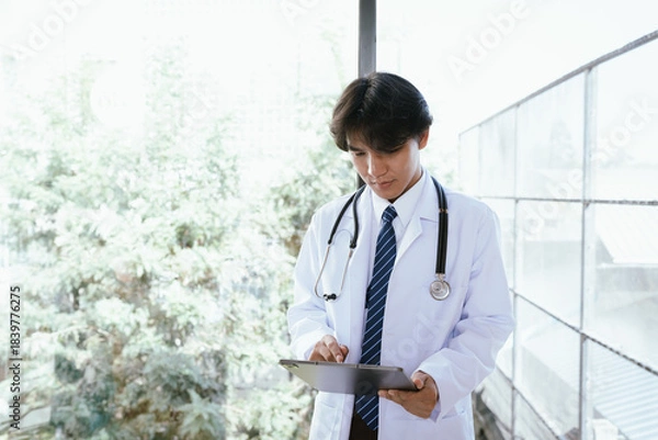 Fototapeta Doctor using a digital tablet to review medical information in a bright clinical environment.