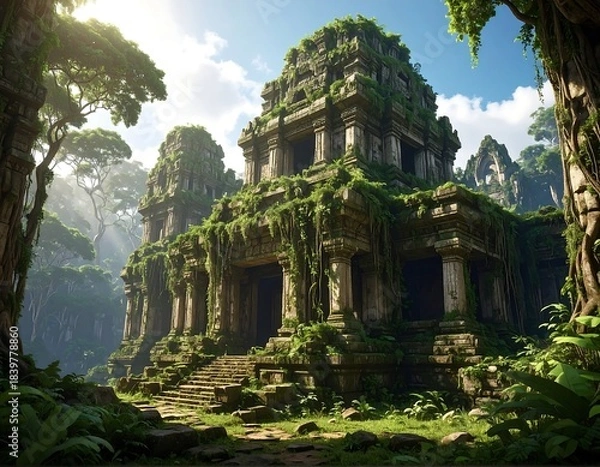 Fototapeta Ancient overgrown temple bathed in sunlight, surrounded by lush jungle