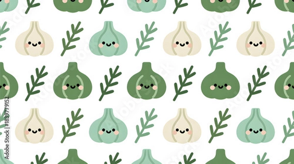 Obraz Cute food pattern, vector art: Seamless design featuring adorable garlic cloves and fragrant rosemary sprigs in an olive green color scheme.