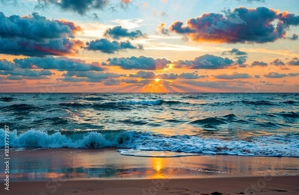 Fototapeta Sunset over ocean waves