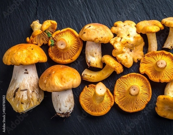 Fototapeta Assortment of fresh, vibrant, edible fungi on a dark, textured surface