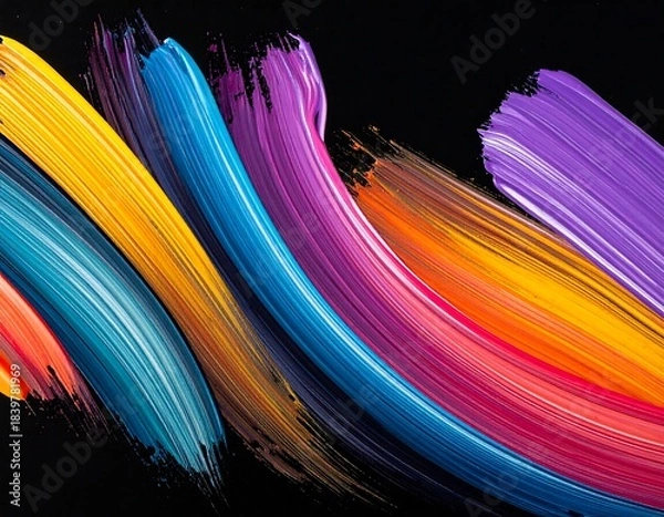 Fototapeta Bold, curving strokes of vibrant paint against a solid black backdrop