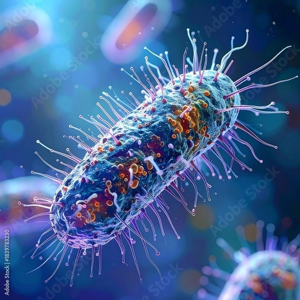 Fototapeta Close-up of a microbe with spiky tendrils and a vibrant blue hue