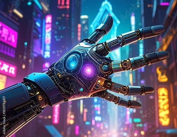 Fototapeta Close-up of a detailed cybernetic hand set against a city backdrop