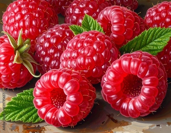 Fototapeta Close-up of vibrant, plump red raspberries with green leaves