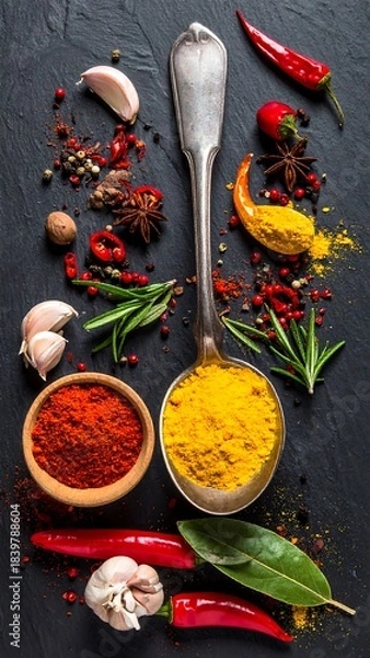 Fototapeta Colorful assortment of spices and herbs on dark textured surface