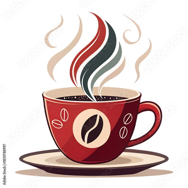 Fototapeta Aromatic Brew: A visually appealing illustration of a coffee cup with a coffee bean emblem, conveying the essence of a warm, comforting coffee ritual.