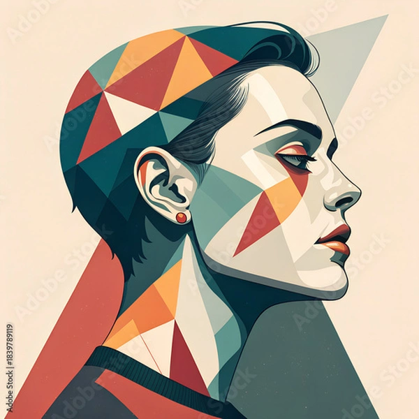 Fototapeta Geometric Portrait: An artistic portrait, rendered with a striking geometric design. It features a person's profile, showcasing a vibrant array of polygonal shapes and colors. 