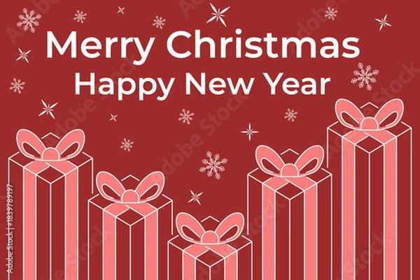 Obraz Festive gift boxes with bows e set against cheerful red background. Snowflakes adding winter touch, perfect for spreading holiday cheer and good wishes for new year