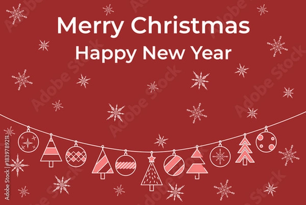 Obraz Festive decorations hanging in air, spreading joy for holiday season. Design with Christmas snowflakes and ornaments on warm red background, perfect for celebrations