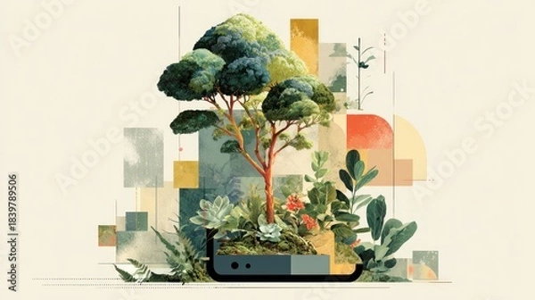 Fototapeta A Digital Illustration of a Tree and Plants Growing Within a Smartphone, Representing Environmental Sustainability