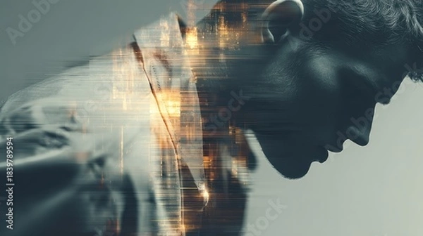 Fototapeta A melancholic figure with overlay of glowing lines and digital textures