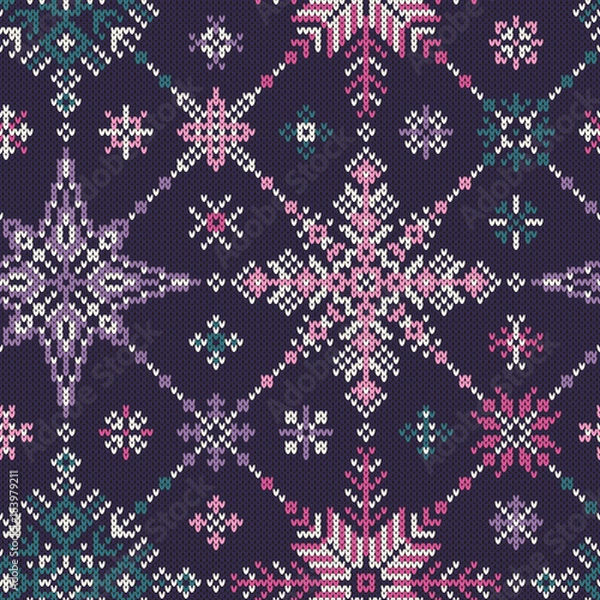 Fototapeta Knitted seamless multi-colored pattern of snowflakes