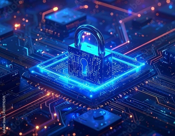 Fototapeta Digital padlock glows on a circuit board, a symbol of data security