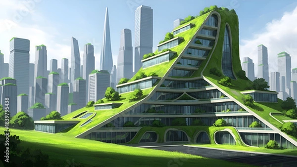 Fototapeta A stunning futuristic skyscraper with lush greenery in a modern cityscape, showcasing sustainable design and eco-friendly architecture in a vibrant urban environment.