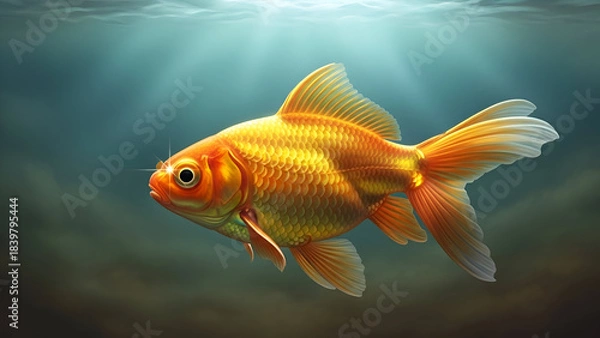 Fototapeta A vibrant goldfish swims underwater with sunbeams shining through, creating a serene and peaceful atmosphere.