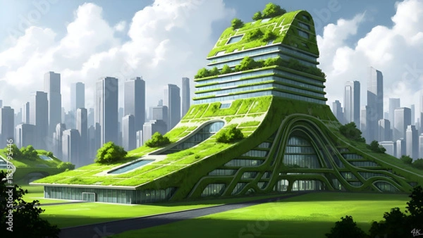 Fototapeta A stunning futuristic skyscraper with lush greenery in a modern cityscape, showcasing sustainable design and eco-friendly architecture in a vibrant urban environment.