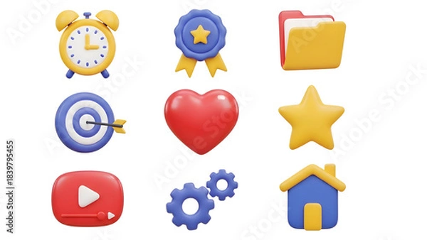 Fototapeta Vibrant colorful 3D icons representing business and productivity concepts on isolated white background, for enhancing digital projects and presentations with a modern touch.