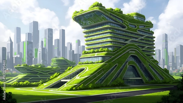 Fototapeta A stunning futuristic skyscraper with lush greenery in a modern cityscape, showcasing sustainable design and eco-friendly architecture in a vibrant urban environment.