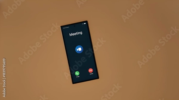 Fototapeta A smartphone screen displays a video meeting interface on a brown background, symbolizing modern remote communication and collaboration in a professional setting.