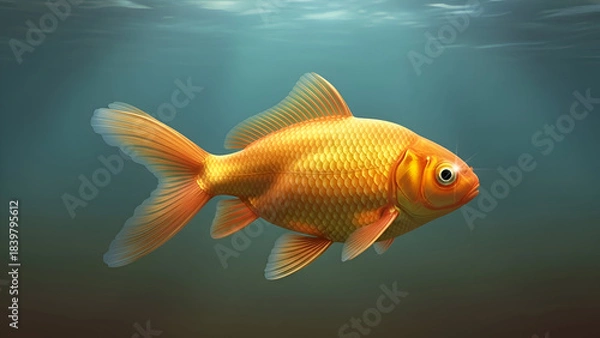 Fototapeta A vibrant goldfish swims underwater with sunbeams shining through, creating a serene and peaceful atmosphere.