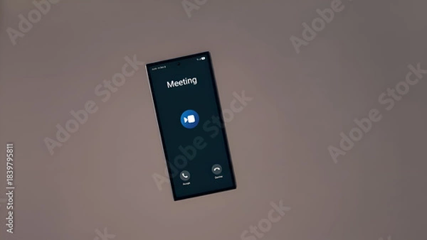 Fototapeta A smartphone screen displays a video meeting interface on a brown background, symbolizing modern remote communication and collaboration in a professional setting.