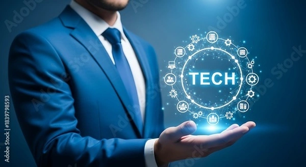 Fototapeta Businessman presents glowing digital technology network concept floating above his hand