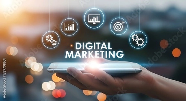 Fototapeta Hand holding smartphone displaying digital marketing strategy icons over city lights