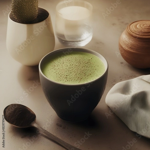 Obraz A warm cup of matcha latte with beautiful latte art, placed on a cozy breakfast table featuring toast, pastries, and a glass of orange juice.