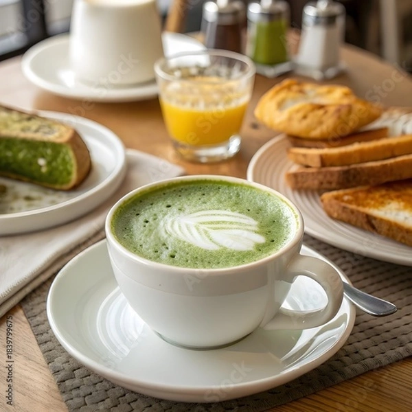 Obraz A warm cup of matcha latte with beautiful latte art, placed on a cozy breakfast table featuring toast, pastries, and a glass of orange juice.