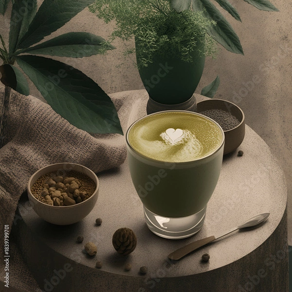 Obraz A warm cup of matcha latte with beautiful latte art, placed on a cozy breakfast table featuring toast, pastries, and a glass of orange juice.