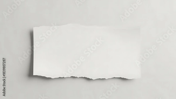 Fototapeta A clean and crisp white torn paper note with textured edges, set against a neutral, soft gray background, creating a minimalist and versatile design element