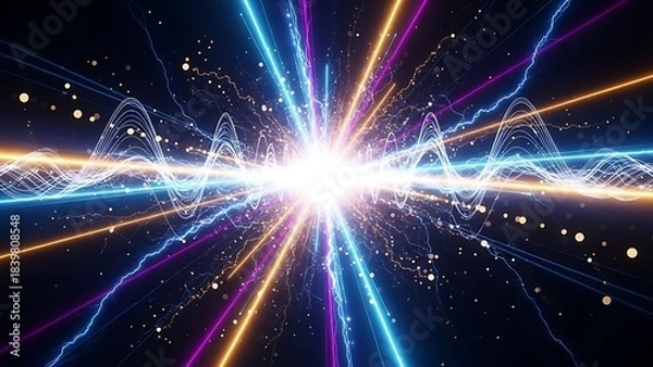 Fototapeta Abstract visualization of energy explosion with light beams and particles, representing power and innovation