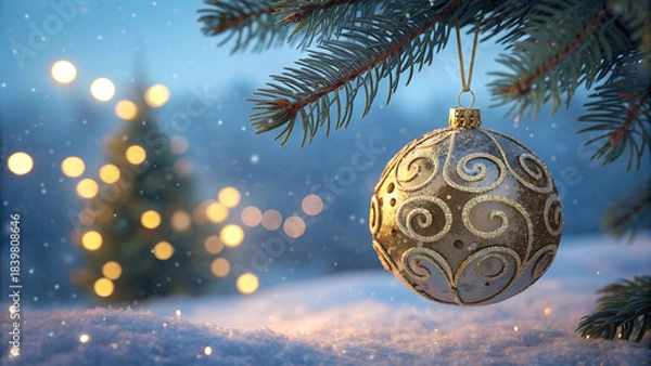 Obraz Golden ornament sparkle on snowy christmas tree branch with warm festive lights and falling snow in cozy winter holiday celebration atmosphere