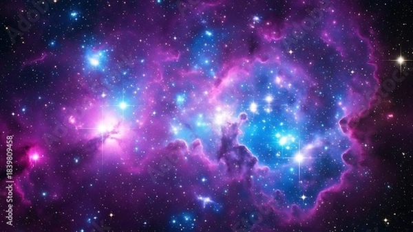 Fototapeta A breathtaking cosmic tapestry woven with vibrant purple and blue nebulae, showcasing the radiant birth of stars and the endless wonders of the deep universe