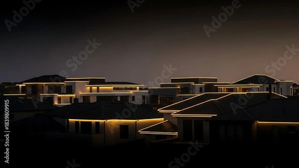 Fototapeta Modern residential buildings illuminated with warm golden string lights outlining architectural features against a dark night sky
