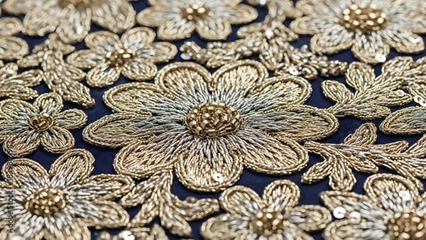 Fototapeta Intricate golden floral embroidery with delicate beadwork on a dark fabric showcasing detailed craftsmanship and luxurious texture